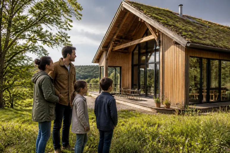 Maison en bois bioclimatique : durabilité et performance énergétique appréciées par une famille française.