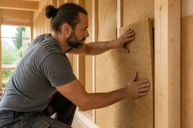 Maison en bois bioclimatique : pose d'isolation naturelle pour un confort thermique optimal.