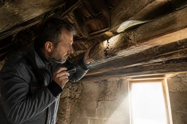 Inspecteur examinant une maison en bois dans les Landes, recherchant des signes de termites.