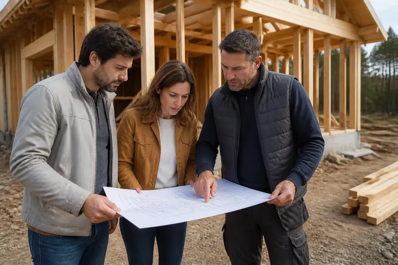 Couple discutant des plans d'une maison en bois dans les Landes avec leur constructeur.