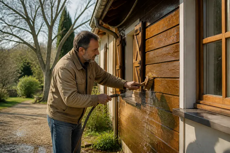 Entretien d'une maison en bois : nettoyage de la façade par un homme.