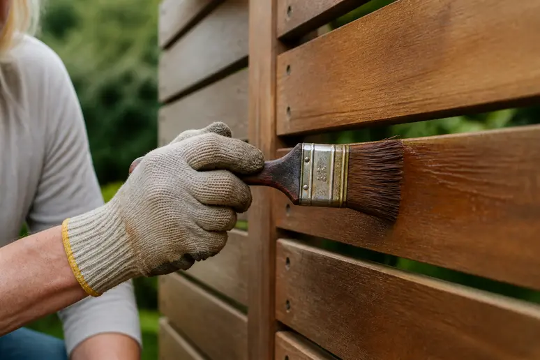 Application d'un produit sur le bois extérieur pour l'entretien d'une maison en bois.
