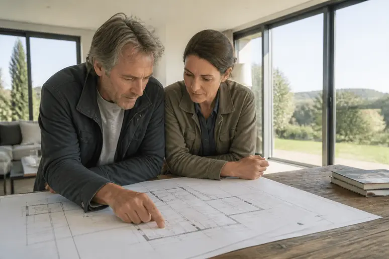 Couple français étudiant des plans pour leur future maison passive bois, dans une ambiance de projet réfléchi.