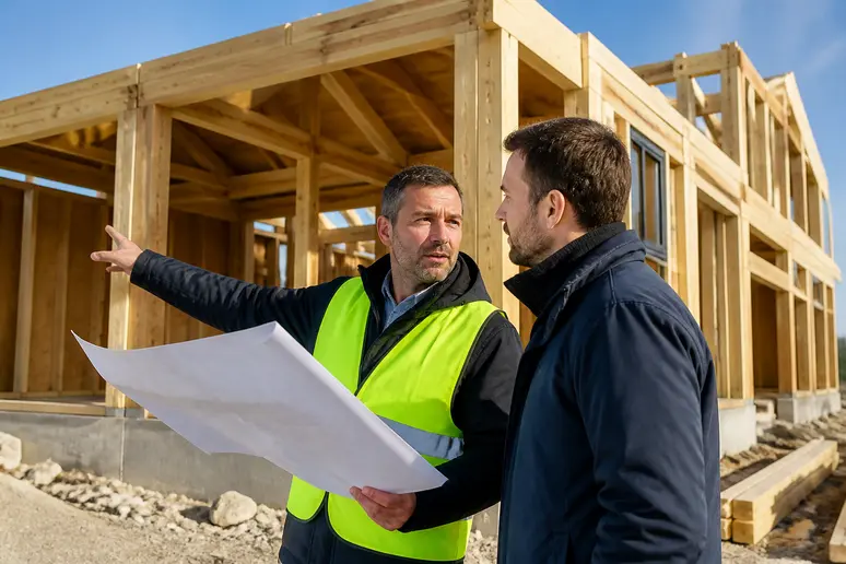 Un expert explique les détails techniques d'une maison passive bois à un client sur un chantier.