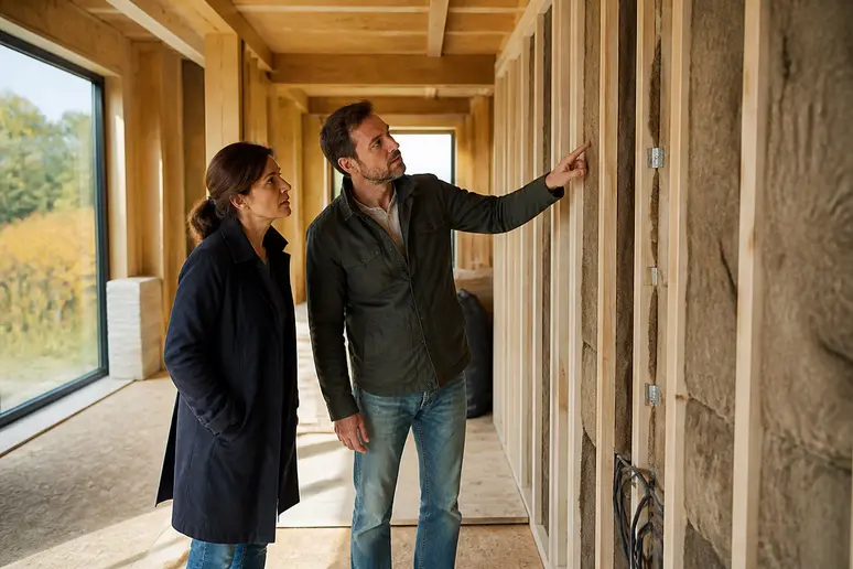 Couple examinant l'isolation dans une maison passive en kit, étape de construction écologique.