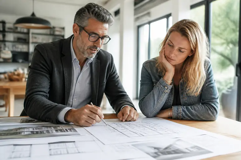 Architecte et client analysant les coûts d'une maison passive en kit sur des plans.