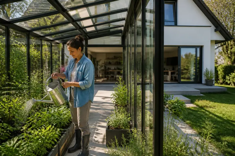 Femme arrosant des plantes dans la serre d'une maison serre bioclimatique.
