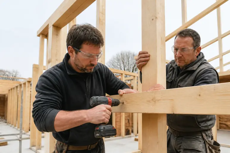 Détail de mur ossature bois : charpentiers assemblant des montants et lisses en bois sur un chantier.