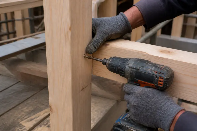 Mur ossature bois détail : mains expertes vissant des éléments pour un assemblage solide et précis.