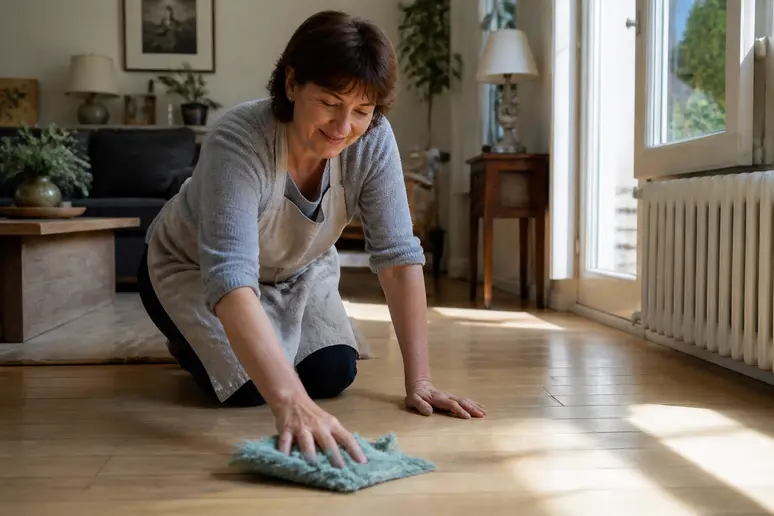 Femme nettoyant méticuleusement un parquet bois avec une serpillère légèrement humide.
