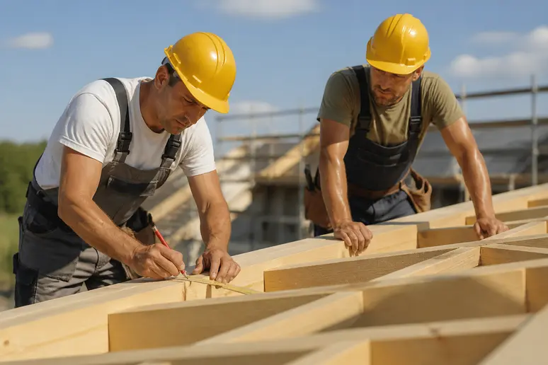 Pose de muralières pour ossature bois toit plat, ajustement précis des poutres.