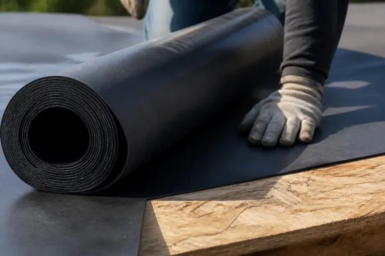 Installation d'une membrane EPDM pour l'étanchéité d'un ossature bois toit plat.