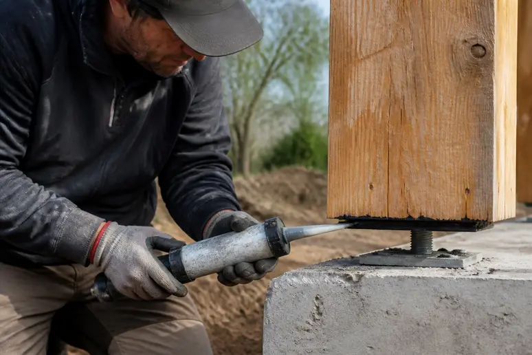 Protection du pied d'un poteau bois contre l'humidité pour une ossature poteau-poutre.