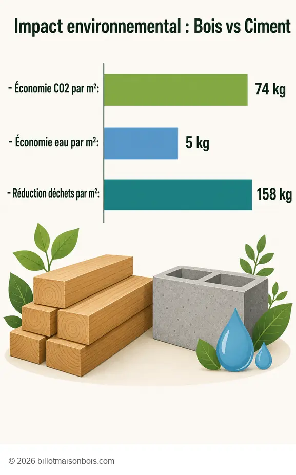 Comparaison des bénéfices écologiques de l'ossature poteau poutre bois : économies de CO2, eau et déchets par rapport au ciment.