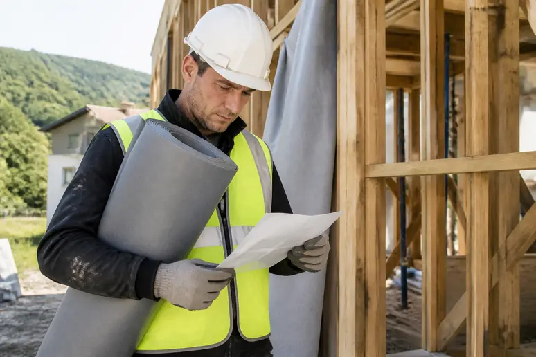 Ouvrier vérifiant les normes d'un pare pluie ossature bois sur un chantier.