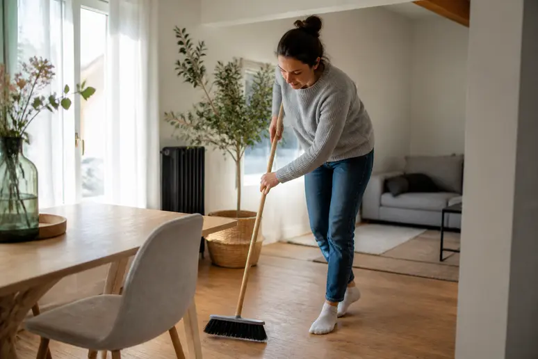 Entretien d'un parquet bois clair : une femme française balaie délicatement le sol lumineux.