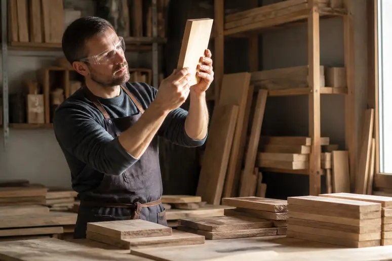 Menuisier français examine des pavés de parquet bois debout en chêne dans son atelier.