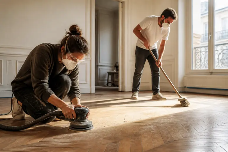 Préparation minutieuse d'un parquet en bois avant de peindre, essentiellle pour une bonne adhérence de la peinture parquet bois.
