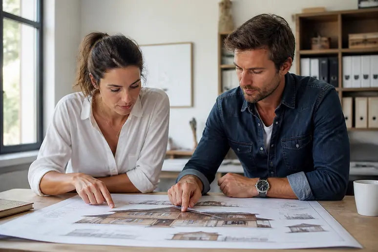 Couple français examinant attentivement un plan de chalet bois pour un projet de construction.