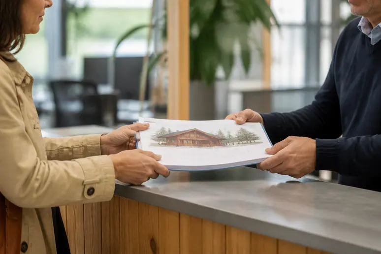 Mains échangeant un dossier administratif pour un plan de chalet bois en mairie.