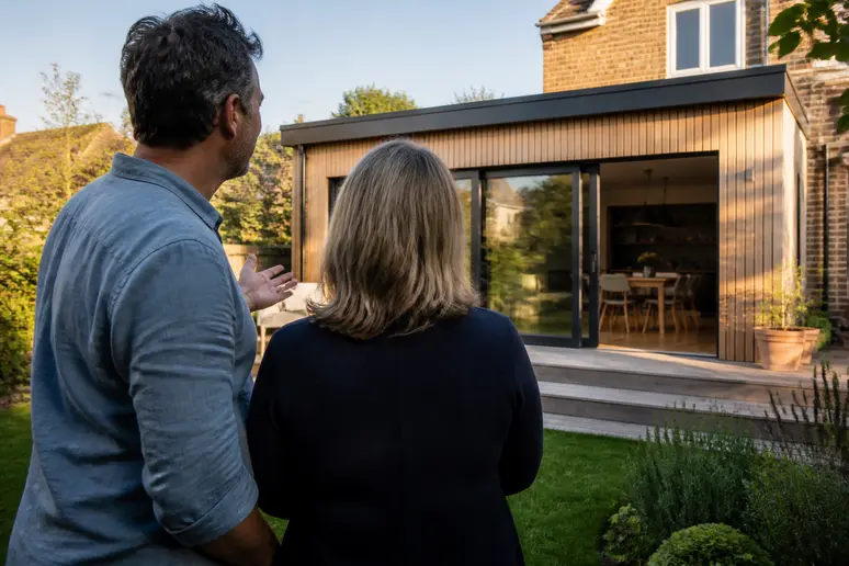 Plan extension maison 20m2 : couple observant un agrandissement de 20m2 en ossature bois.
