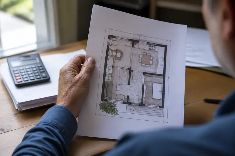 Plan extension maison 20m2 : main tenant un plan architectural pour un budget prévisionnel détaillé.