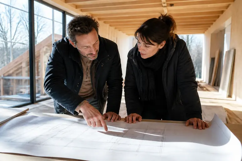 Couple français examinant un plan de maison bois dans une construction moderne.