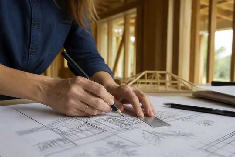 Architecte dessinant un plan de maison ossature bois réaliste avec précision.