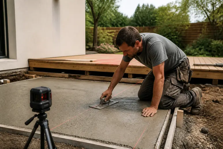 Coulage et nivellement d'un plot en béton pour terrasse en bois, assurant la solidité.