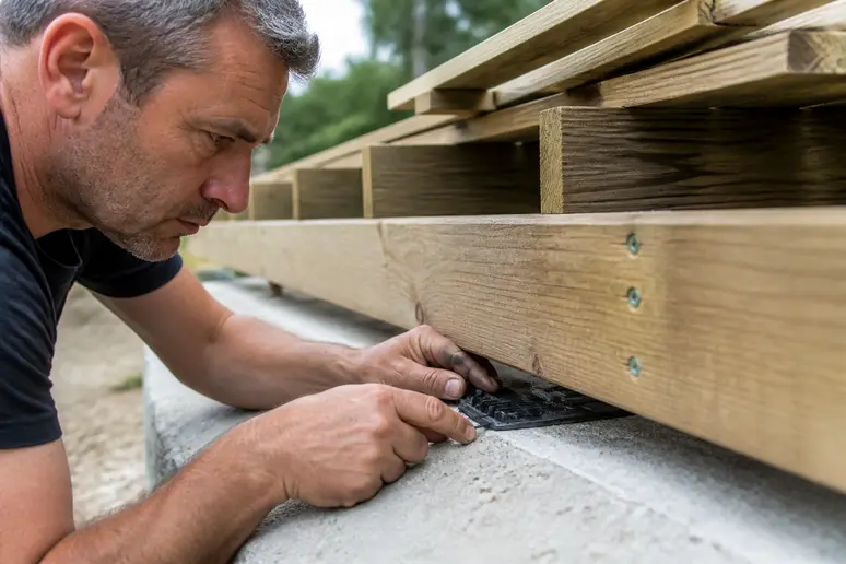 Installation de cales entre plot béton et lambourde pour bonne ventilation de terrasse.