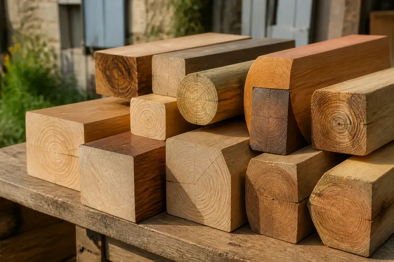 Choix de différentes sections de poutre terrasse bois, essences variées pour la durabilité.