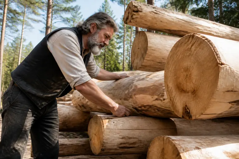 Charpentier français inspectant des rondins de bois pour une future maison en rondins de bois.