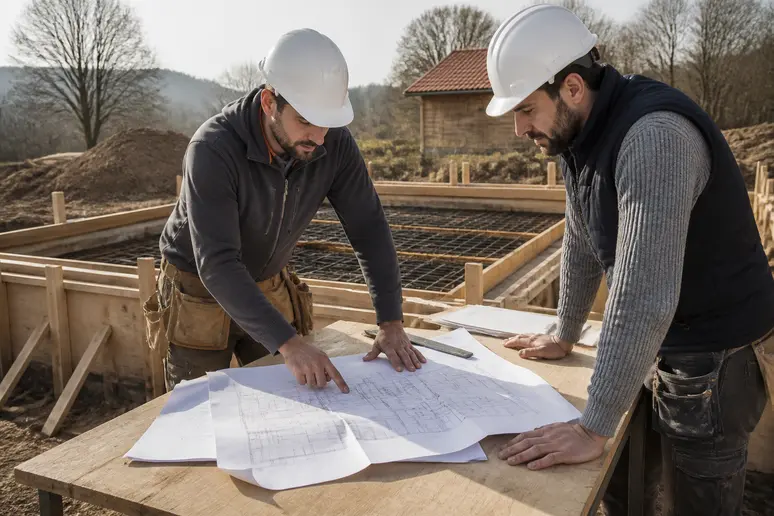 Schema fondation maison ossature bois : ouvriers français étudiant les plans sur un chantier.