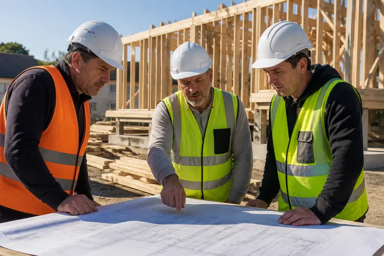 Schéma mur ossature bois pdf : ouvriers français étudiant les plans d'une construction en bois.