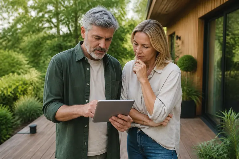 Couple comparant les budgets pour des spots terrasse bois et choisissant un kit d'éclairage.