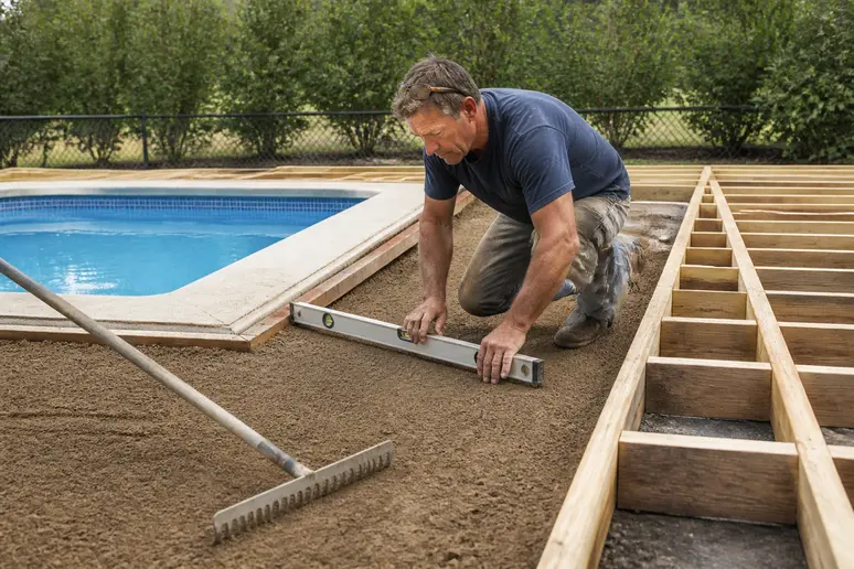 Préparation du terrain pour une terrasse bois piscine : nivellement minutieux.