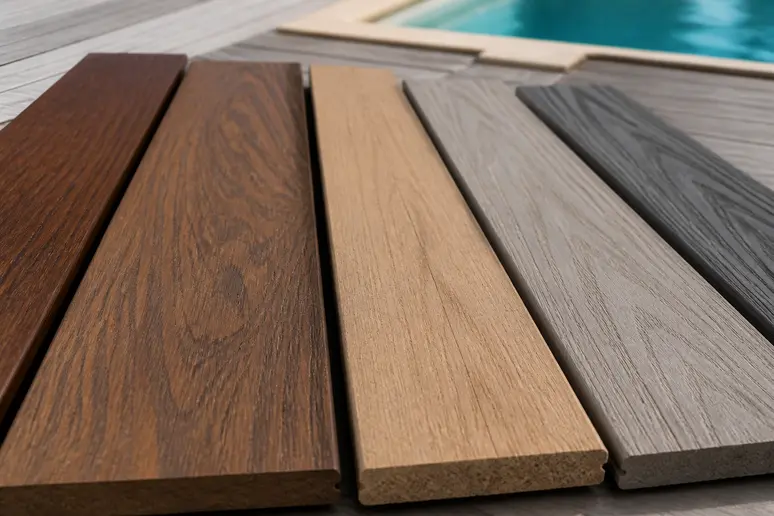 Sélection d'essences de bois pour une terrasse bois piscine : textures variées.