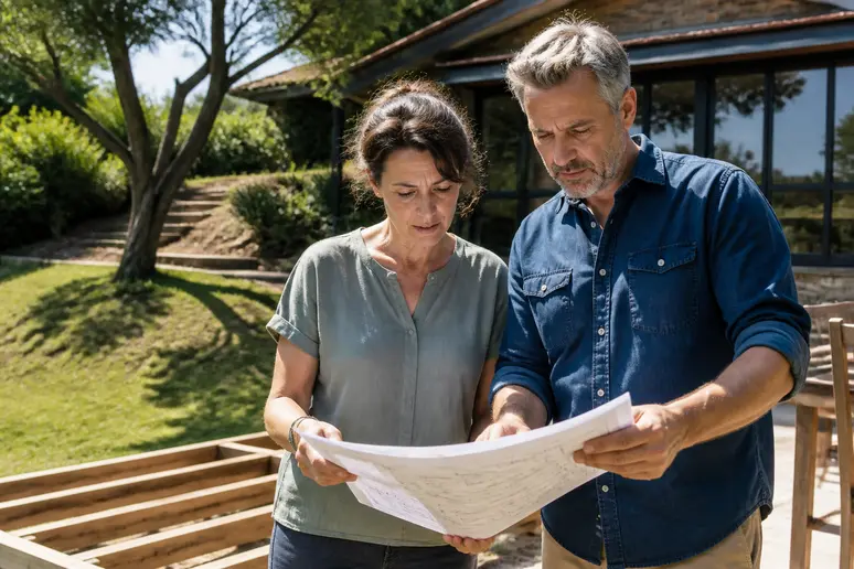 Couple français étudiant les plans d'une terrasse sur pilotis en bois dans leur jardin.