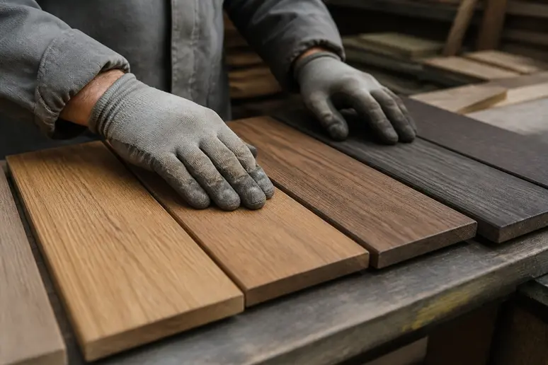 Artisan français examinant des échantillons de bois pour une terrasse sur pilotis durable.