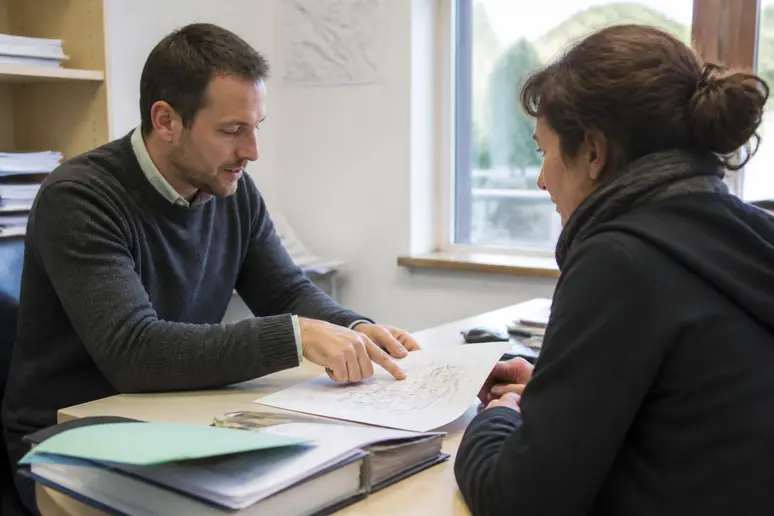 Employé municipal français expliquant la réglementation pour une toiture d'abri de jardin.