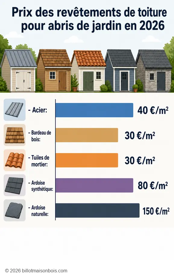 Comparaison des prix au m² des différents matériaux pour une toiture d'abri de jardin en 2026.
