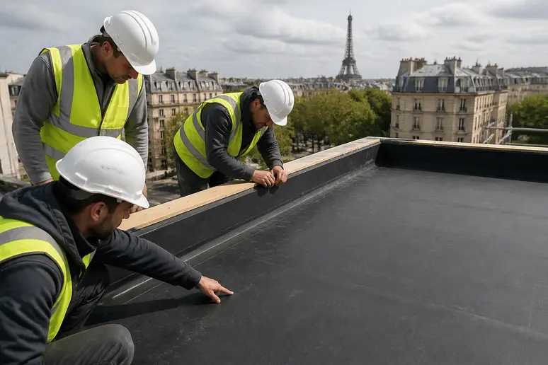 Inspecteurs vérifiant l'étanchéité d'une toiture plate ossature bois moderne.