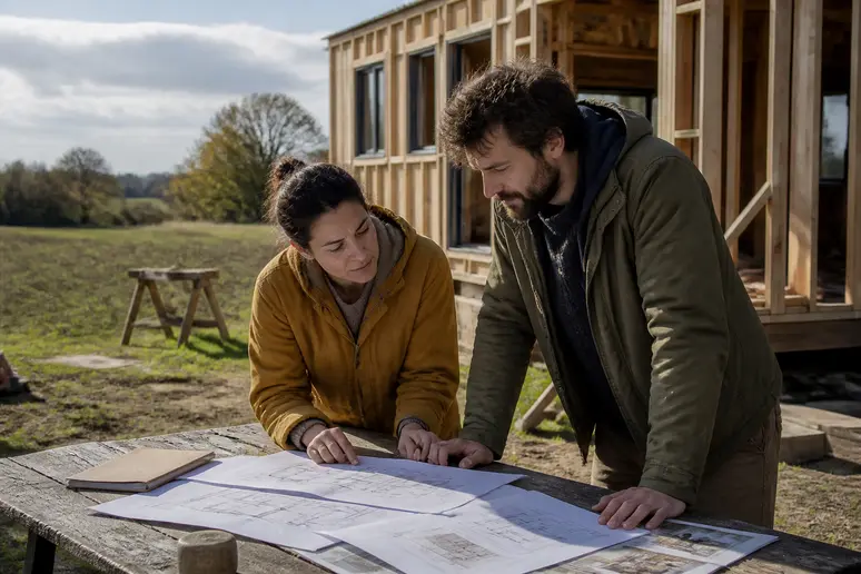 Couple planifiant le budget pour vivre en tiny house avec des plans.