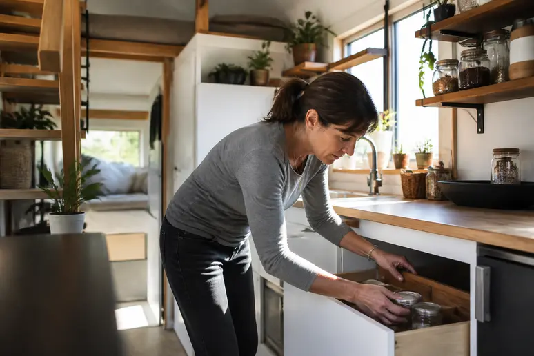 Organisation minutieuse des rangements pour vivre en tiny house minimaliste.