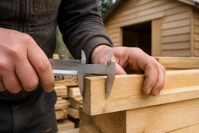 Mesure de l'épaisseur des madriers en bois d'un abri de jardin 20m2 avec un pied à coulisse