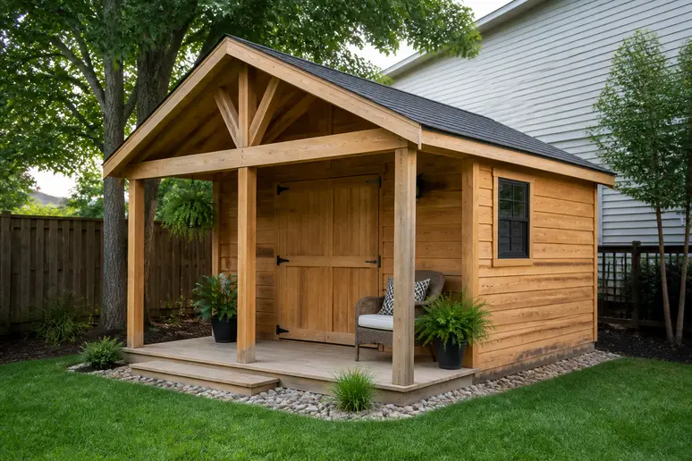 Abri de jardin 20m2 en bois avec auvent et poteaux extérieurs dans un jardin résidentiel