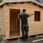 Propriétaire mesurant un abri de jardin 20m2 en bois installé au fond d'un jardin paysager.