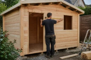 Propriétaire mesurant un abri de jardin 20m2 en bois installé au fond d'un jardin paysager.