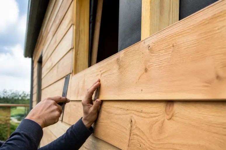 Pose de lames de bardage bois sur une façade de maison individuelle