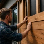 Pose de bardage bois pour maison par un artisan sur un chantier extérieur